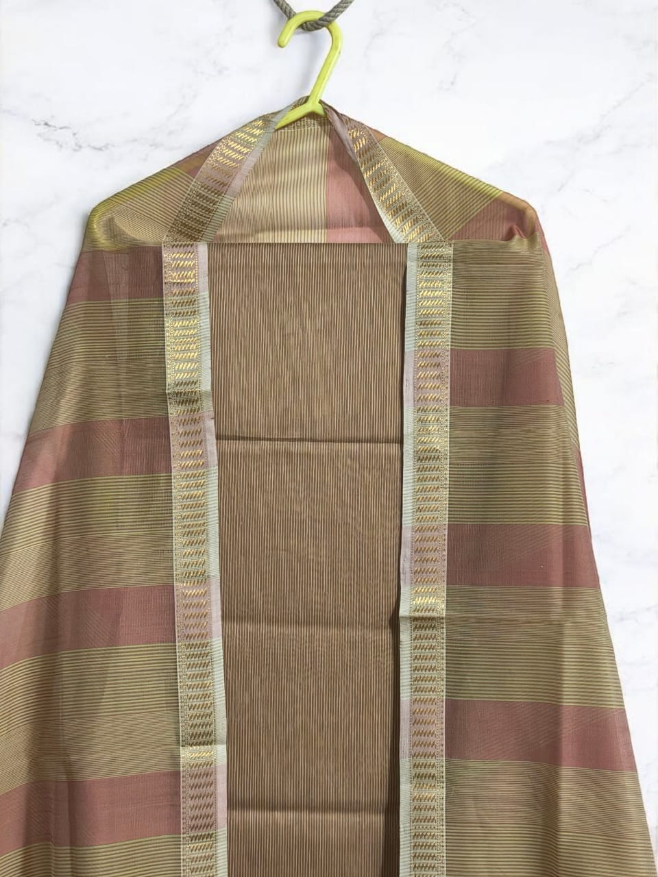 Maheshwari Silk Cotton handloom Set - Green & Peach Dual tone