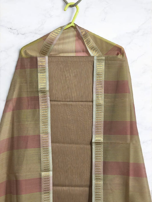 Maheshwari Silk Cotton handloom Set - Green & Peach Dual tone