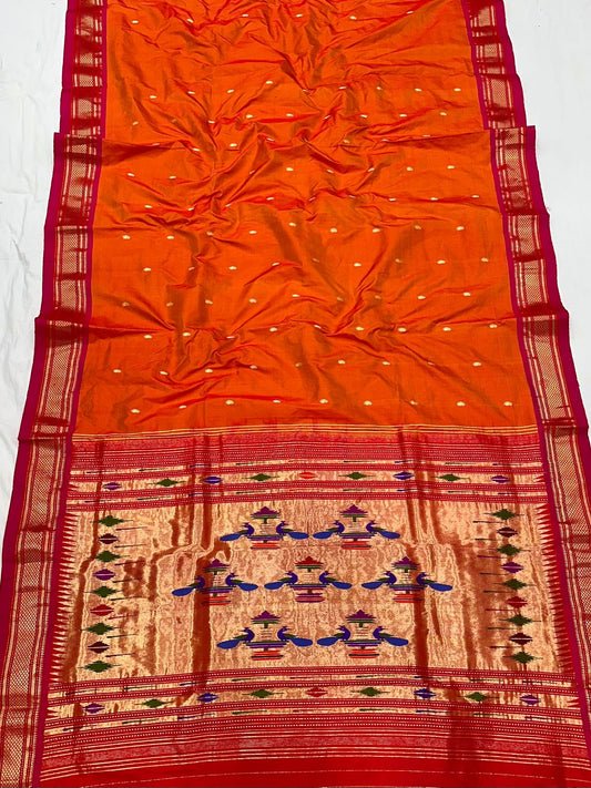 Double Pallu Paithani Saree – Pure Silk Handloom | Orange
